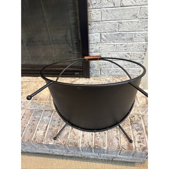 Mid-Century Modern Black Metal Hoop Firewood Rack w/ Wooden Handle – 21” Tall - Picture 6 of 8